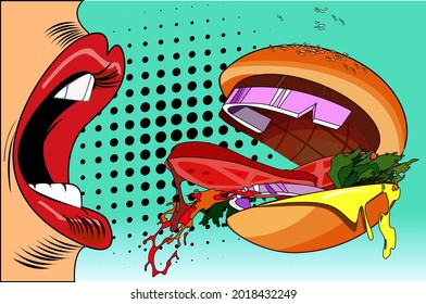 Creative food hamburger eating comics background vector