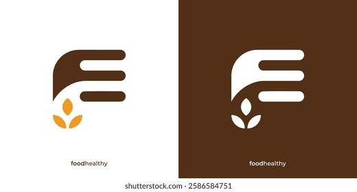 Creative Food Healthy Logo. Graphic Icon of Fork as Initial F and Wheat Leaf. Organic Food Logo Design Template. 