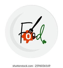 A creative 'Food' logo design on a white plate background. The fork holds the letter 'O' with a red liquid spill effect and a green leaf detail, creating a dynamic typography design