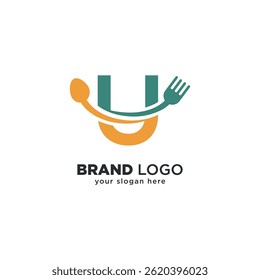 Creative Food Logo with U Letter and Spoon Design.