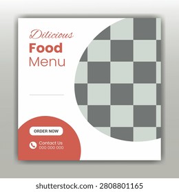Creative food menu design featuring bold text, order button, and contact info in a clean, modern layout.