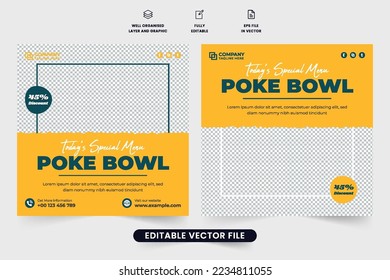 Creative food menu promo template design with yellow and dark colors. Restaurant social media post vector with photo placeholders. Special food discount template for social media marketing.