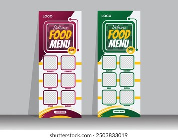 Kreatives Speisekarte und Restaurant Rollup Banner Design Vorlage