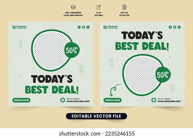 Creative food promo template design with photo placeholders and green color. Special food menu discount poster vector for social media marketing. Restaurant food menu promotional web banner vector.