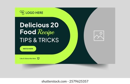 Creative food recipe tips and tricks video thumbnail banner design, food review video cover banner design, fully customizable vector eps 10 file format