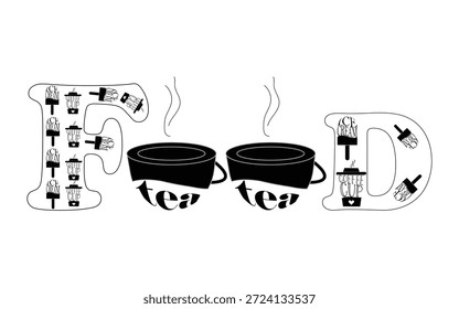 Diseño creativo de tipografía de alimentos con tazas de té, Elementos de café y arte de ilustración de helado, arte moderno de palabras de alimentos con tazas de té humeantes, íconos de café elegantes y divertidos gráficos de helado, diseño de letras de alimentos en blanco y negro con tazas de té calientes, símbolos de tazas de café y helado