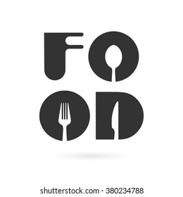 Creative Food Word Logo Elements Design With Spoon,knife And Fork.Fast Food Logo,Food And Drink Concept.Vector Illustration