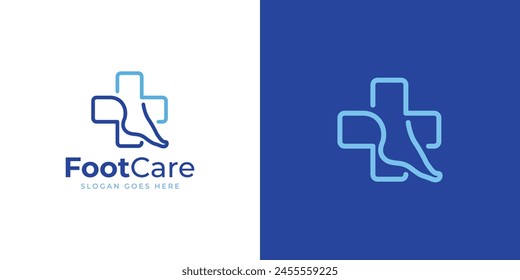 Logo de Creative Foot Care. Salud de los pies y la cruz con estilo de contorno lineal. Icono de logotipo de salud del pie Símbolo Inspiración de diseño de Vector.