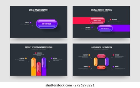 Creative Forecast 1 2 3 4 Option Infographic Slide Layout Collection. Financial Performance One Two Three Four Element Diagram Presentation Design Vector Illustration Bundle.