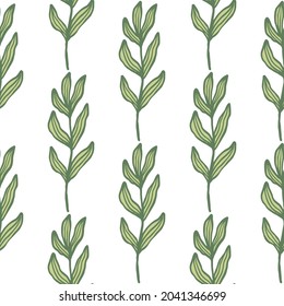 Creative forest branch with leaves seamless pattern isolated on white background. Abstract foliage backdrop. Nature wallpaper. For fabric design, textile print, wrapping, cover. Vector illustration.