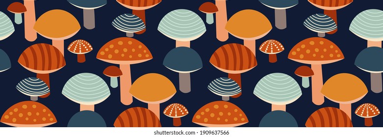 Creative forest colorful mushrooms on dark blue background. Stylized fantasy mushroom print. Perfect design for wallpaper, fabrics, covers... Abstract Vector illustration. 