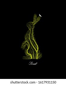 creative forest logo, save the forest  animal idea, hare looks like tree on black background, forest or park emblem, vector