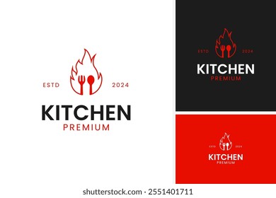 Creative fork and spoon with fire logo design vector concept template illustration