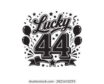Creative forty-fourth birthday typography vector isolated on a white background. Decorative hand lettering with balloons and festive ornaments, ideal for birthday invitations, greeting cards, t-shirts, posters, stickers, and commercial design projects.
