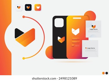 Arte de diseño de logotipo mínimo de negocio de Fox creativo. Diseño de cabeza de lobo con color degradado. Diseño de logotipo de forma abstracta de cabeza de zorro con Plantilla de presentación de teléfono