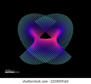 Creative fractal design concept. Abstract spiral lines with a curved heart style isolated on black background for technology or digital brand. Vector, 2022-2023