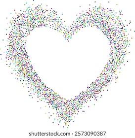 Creative frame of circular colorful particles, heart shaped powder. Perfect for love-themed and romantic designs, the artistic arrangement conveys charm and elegance with heart-shaped elements.