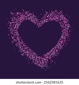 Creative frame of circular pink particles, heart shaped powder. For love-themed and romantic designs, Valentine's day, the artistic arrangement conveys charm and elegance with heart-shaped elements.