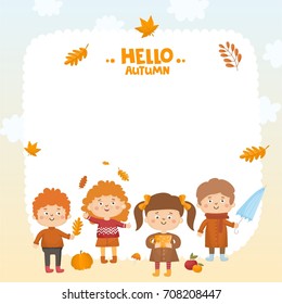 Creative frame with cute child. Happy children in autumn costumes. Boys and girls rejoice fall. Hello autumn!
