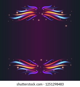 Creative frame with fire with colorful  flames  and neon lights motion effect   background with border with tinsel, cover poster for web and print vector modern template