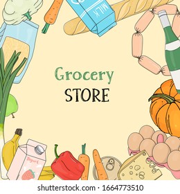 Creative frame with groceries, vegetables and fruits. Space for your text. Colorful vector illustrations. Hand-drawn. Template. Mock up.