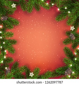 Creative frame made of Christmas fir branches on red background with lights, pine cones. Xmas and New Year card. Vector Illustration