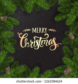 Creative frame made of Christmas fir branches. Gold Merry Christmas text on dark background with garland of lights, pine cones. Xmas and New Year card. Vector Illustration
