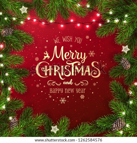 Creative frame made of Christmas fir branches. Gold Merry Christmas and New Year text on red background with lights, pine cones. Xmas and New Year card. Vector Illustration