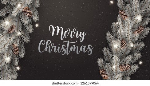 Creative frame made of silver Christmas fir branches. Silver Merry Christmas text on dark background with lights, pine cones. Xmas and New Year card. Vector Illustration