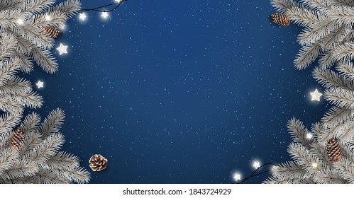 Creative frame made of silver xmas fir branches on blue background with lights, pine cones. Merry Christmas and New Year card. Vector Illustration