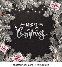 Creative frame made of snowy Christmas fir branches. Silver Merry Christmas text on black background with garland lights, pine cones. Xmas and New Year card. Vector Illustration