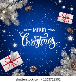 Creative frame made of snowy Christmas fir branches. Silver Merry Christmas text on blue background with garland lights, gifts, pine cones. Xmas and New Year card. Vector Illustration