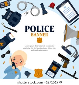 Creative frame on police theme. Officer woman in uniform and professional equipment. Creative design with your text. 