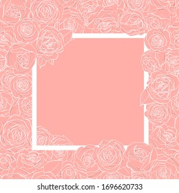 Marco creativo con flores de rosa. Borde blanco sobre fondo rosa. Ilustración vectorial. Día de San Valentín.Día de la boda. Espacio para el texto. Plantilla. Menudo.