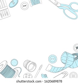 Creative frame with sewing accessories. Spools of thread, buttons and sewing needles, pins and a place for your text. Vector illustration in sketch style. Template. Mock up.