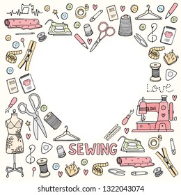 Creative frame in the shape of a heart surrounded by objects drawn in a vector on the theme of sewing and tools with free space  in pastel colors