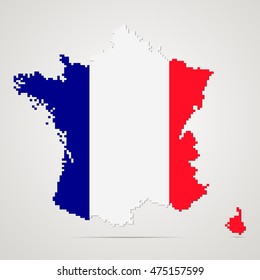 Creative France map with pixeled edge vector illustration. French patriotic poster.