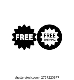 Creative free and free shipping badge vector illustration in EPS format. Bold black promotional sticker isolated on white background. Ideal for ecommerce platforms, online stores, retail promotions, discount campaigns, and marketing advertisements.