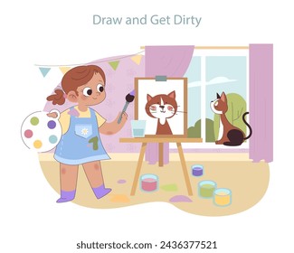 Creative Freedom concept. Young girl paints with vibrant colors, her imagination brought to life beside a watching cat. Encourages artistic expression and sensory play.