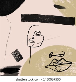 Creative freehand collage with Abstract portrait of a man drawn by a black line in the style of cubism. Contemporary composition. 