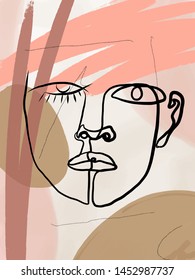 Creative freehand collage with Abstract portrait of a man drawn by a black line in the style of cubism. Contemporary composition. 
