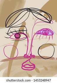 Creative freehand collage with Abstract portrait of a man drawn by a black line in the style of cubism. Contemporary composition. 