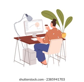 Trabajador independiente creativo en el lugar de trabajo, escritorio de computador doméstico. El diseñador digital independiente trabaja en casa, sentado en el escritorio, en la mesa. Ilustración vectorial gráfica plana aislada en fondo blanco