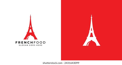 Creative French Food Logo. Eiffel Tower and Serving Cover with Minimalist Style. Restaurant Logo Icon Symbol Vector Design Template.