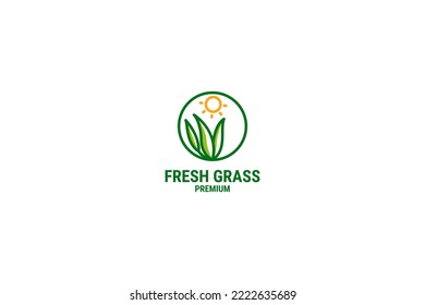Creative fresh grass with sunrise logo design vector illustration