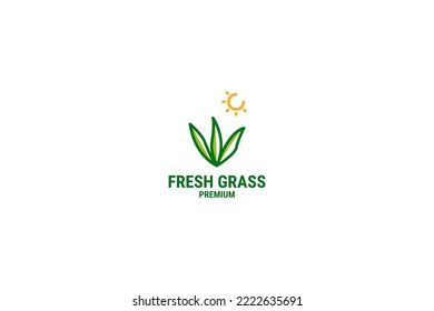 Creative fresh grass with sunrise logo design vector illustration
