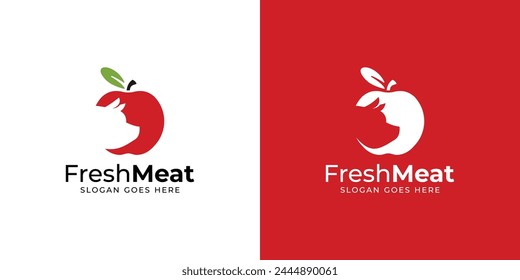 Creative Fresh Meat Logo. Apple and Pig, Pork with Modern Minimalist Style. Food Logo Icon Symbol Vector Design Inspiration.