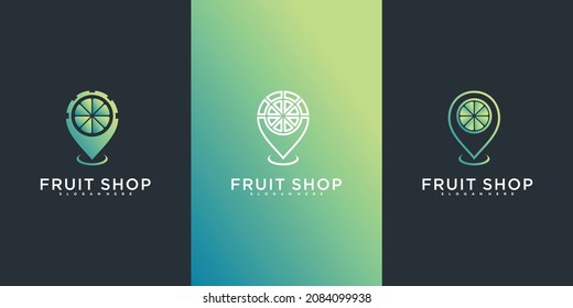 Creative fruit shop logo design template with combined fruit and map pointer concept Premium vektor