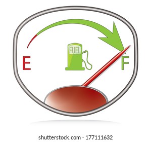 Creative fuel gauge vector design with fuel station and arrow. The red indicator is indicating full. 