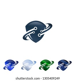 Creative, fun and colorful shield design with orbit rings. Technology orbit web rings symbol concept design. Vector illustration EPS.8 EPS.10